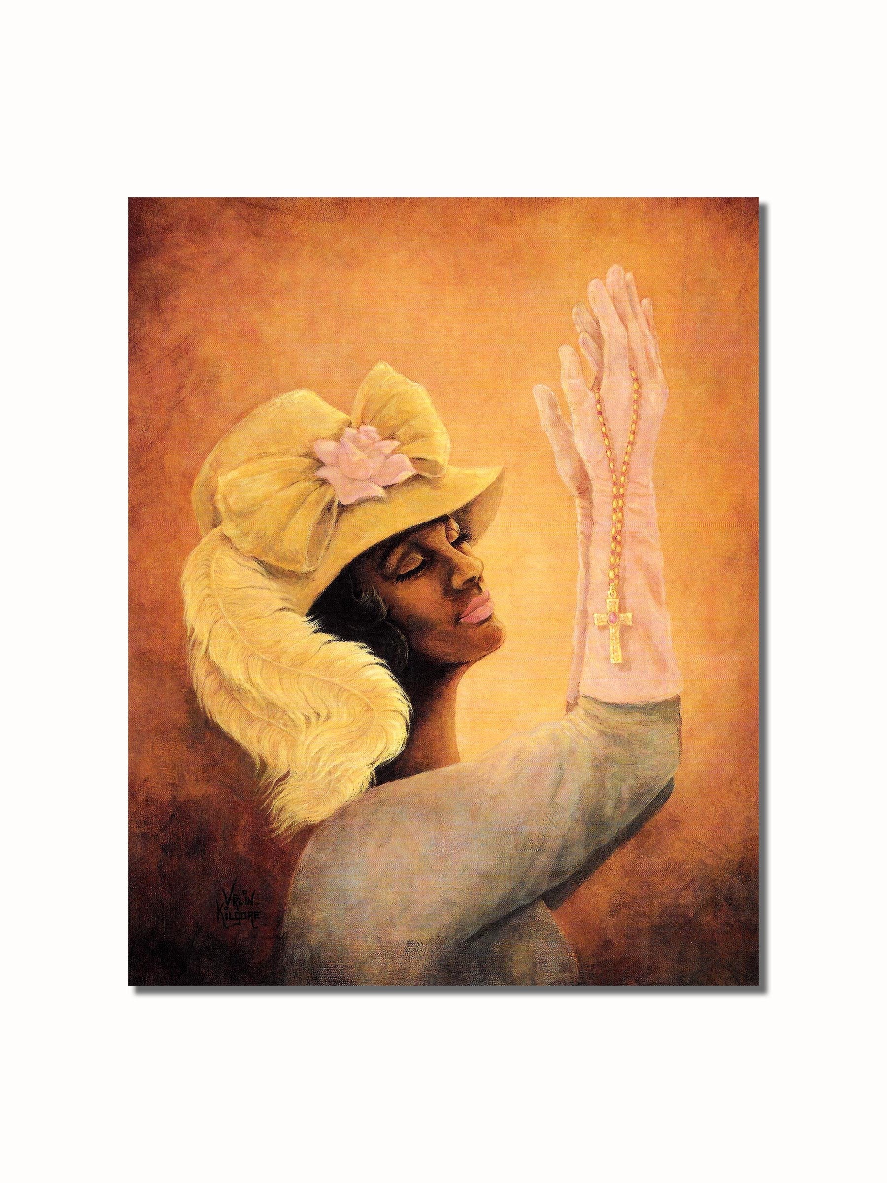 African American Art Print – Black Woman Praying with Feather Hat, 8x10 Lithograph