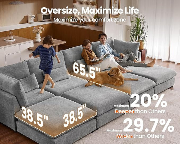 Oversized Modular Sofa, Extra Deep Cloud Chenille Sectional Couch with Ottoman Chaise, Fluffy Chenille 4 Seater Sofa for Living Room, Villa (Basic 4 Seater, Chenille Grey)