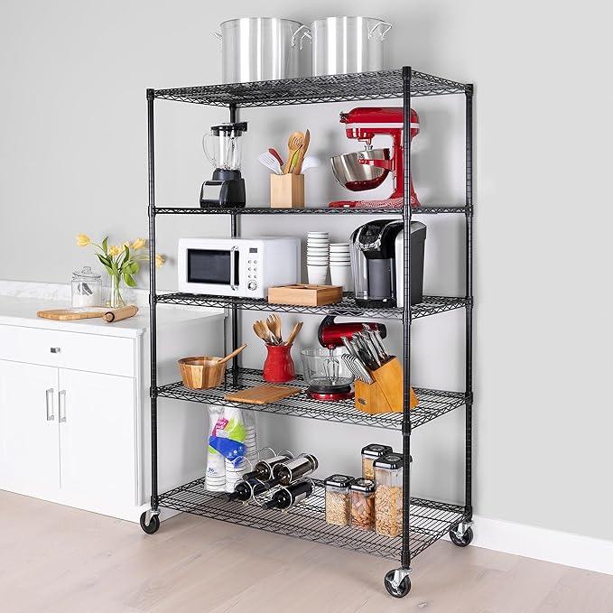 Seville Classics UltraDurable Heavy Duty NSF Solid Steel Wire Rack Storage Unit, Organizer for Garage, Warehouse, Office, Restaurant, Classroom, Kitchen, Black, 5-Tier Shelving, 48