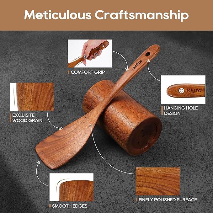 Teak Wooden Cooking Utensils Set, 10 Piece Premium Kitchen Cookware, Non-Scratch Wooden Spoons for Cooking, Perfect for Cooking and Serving