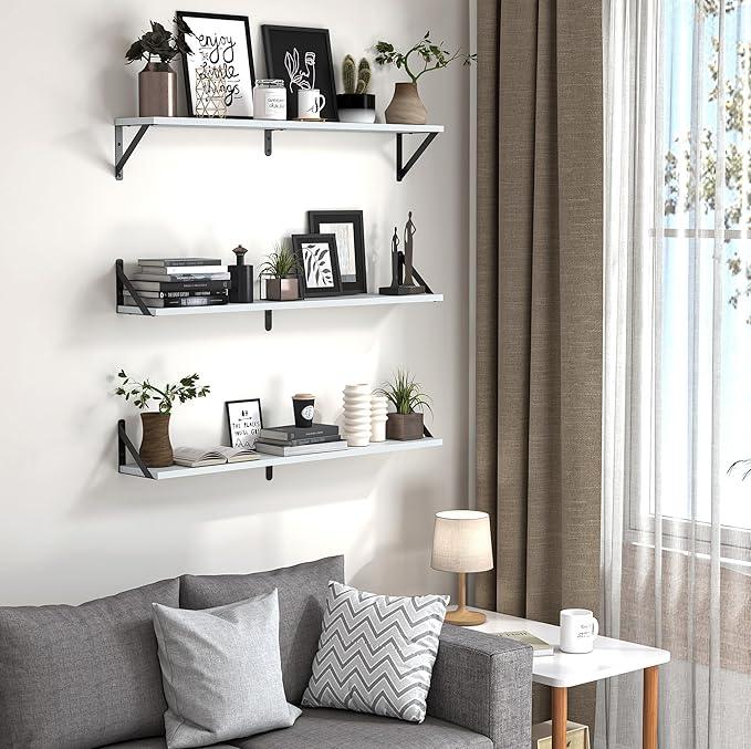 Heimlove Floating Shelves for Wall, 36 Inch Long Wood Floating Bookshelf Set of 3, Wall Mounted Hanging Shelf for Bathroom Bedroom Kitchen, White