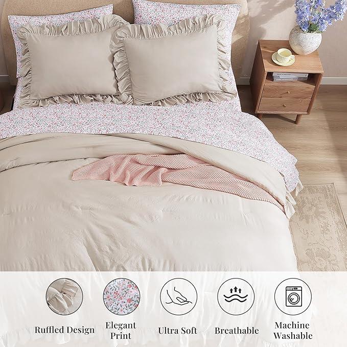 Full Comforter Set - 7 Pieces Ruffle Beige Bedding Sets, Shabby Chic Farmhouse Bed in a Bag Full with Ruffle Comforter, Floral Sheets, Pillowcases & Shams
