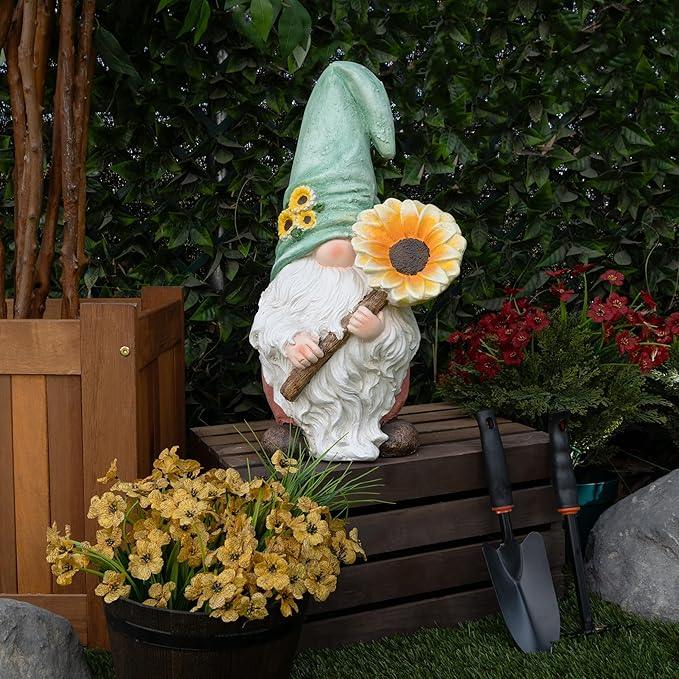 Alpine Corporation MCC842 Indoor/Outdoor Gnome Holding Sunflower Garden Statue, Charming Gnome Statue w/Hat, 21