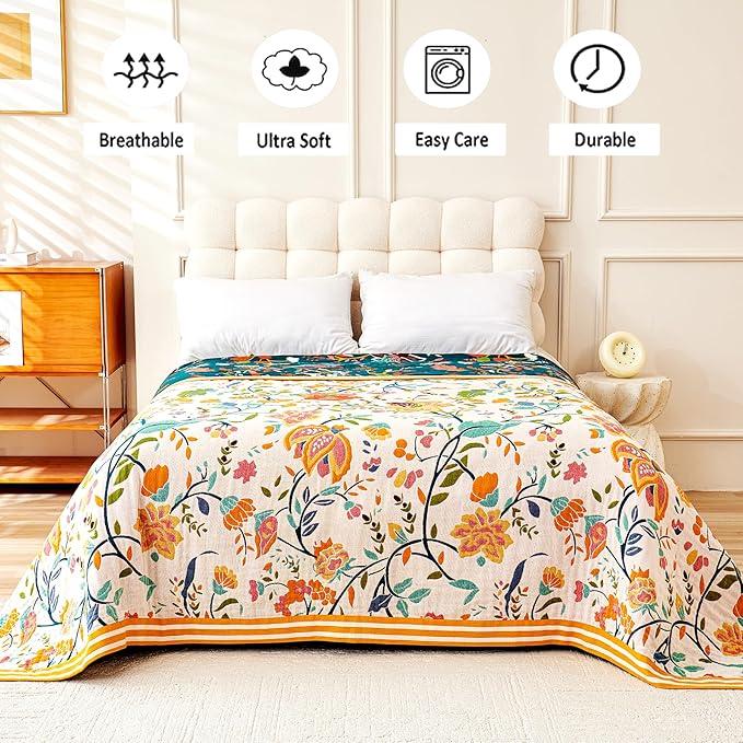Boho Throw Blanket, 100% Organic Cotton Breathable Ultra Soft 80