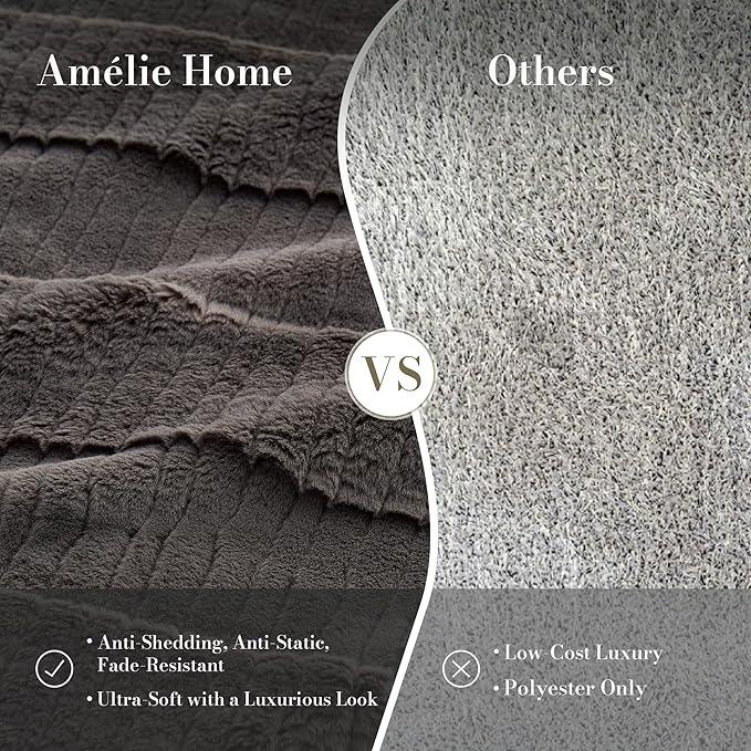 Amélie Home Luxury Striped Faux Fur Throw Blanket for Couch, Embossed Split Fur Cozy Fuzzy Fluffy Luxurious Soft Plush Sofa Chair Bed Gift Blankets for Women Men Wife Friend, 60