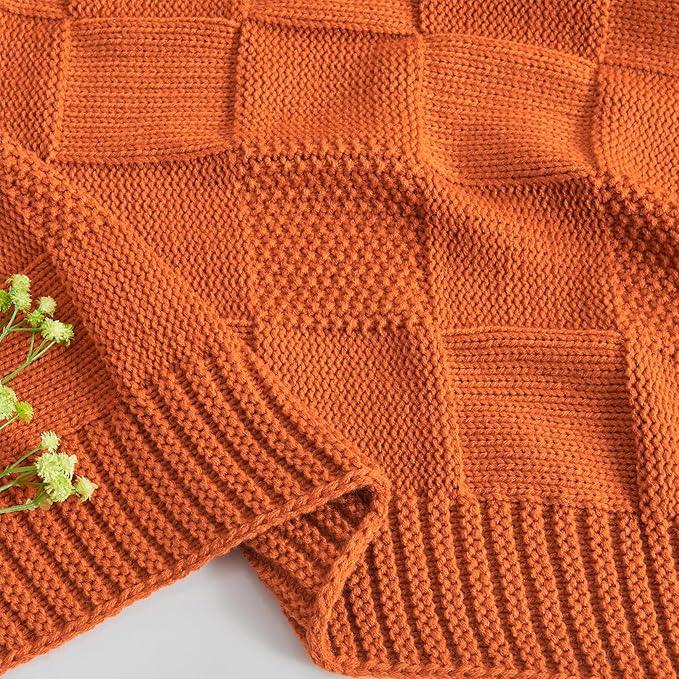 CozeCube Check Knit Throw Blanket, Rust Orange Checkered Throw for Couch, Decorative Christmas Soft Cozy Warm Knitted Blanket for Bed Sofa Living Room, 50