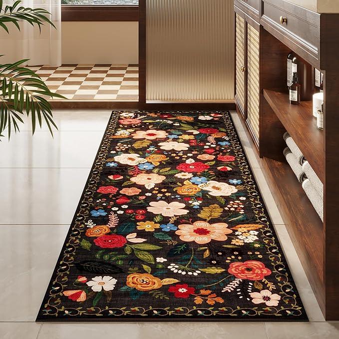 Runner Rug for Hallways Kitchen Rug Non Slip 2'6''x8' Washable Runner Rugs with Rubber Backing Soft Floral Carpet Runner for Hallways, Kitchen, Laundry, Bedroom, Bathroom(Black)