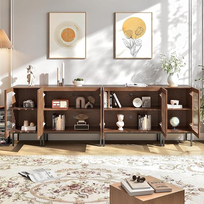 Farmhouse TV Stand for TVs up to 100 Inch, Entertainment Center TV Console with Storage Cabinets and Glass Doors,Media Console for Living Room,Brown
