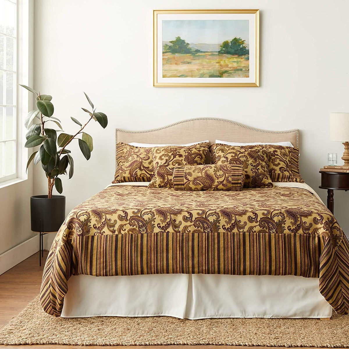 Tache Chenille Elegant Paisley Striped Brown Burgundy Exotic Blooms Comforter Set With Zipper Cover (BM14224)