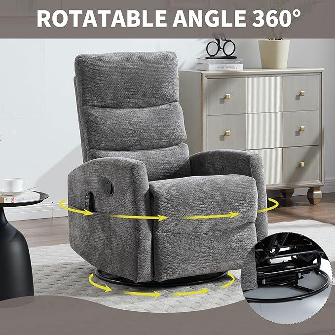 Manual Swivel Rocker Recliner Chair for Adults, Overstuffed Reclining Glider Chair for Nursing with Vibration Massage & Heat, Living Room Rocking Recliner 3-Stage backrest, Chenille Fabric Dark Gray