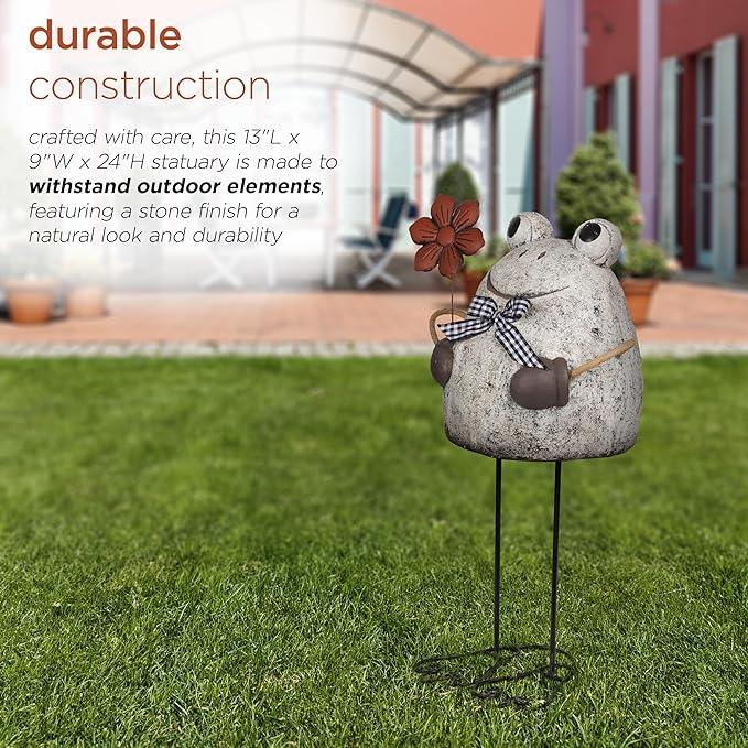 Alpine Corporation MCC860 Indoor/Outdoor Frog with Flower Garden Statue, Stone Finish Frog Statue for Yard, 24