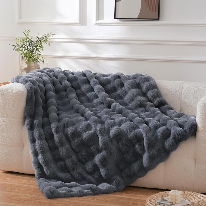 BENVWE Faux Fur Throw Blanket for Couch Bed - Fluffy Soft Thick Bubble Blanket for Living Room Home Decor - Fathers Day Birthday Gifts for Women Men, Grey, 63