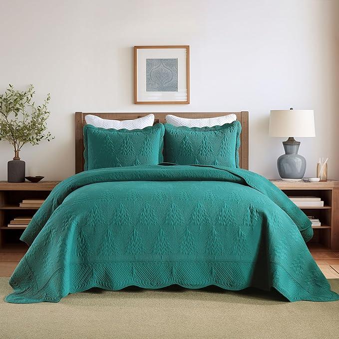 MarCielo 3-Piece Christmas Quilt 100% Cotton Oversized Bedspread Lightweight Coverlet Embroidery Christmas Tree Pattern Bedding Set(TC Emerald, Oversized Queen (100