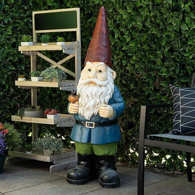 Alpine Corporation ZKD100 Jumbo Size Gnome with Bird Decor, Whimsical Gnome Statue for Patio & Garden, 48