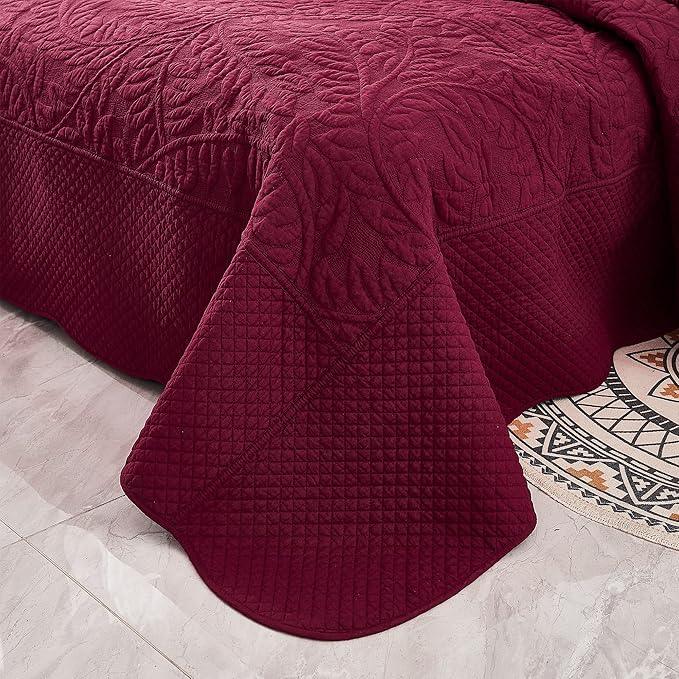 MarCielo 3-Piece 100% Cotton Oversized Bedspread Lightweight Quilt Coverlet Embroidery Farmhouse Bedding Set T0 (Wine Burgundy, Oversized King (118