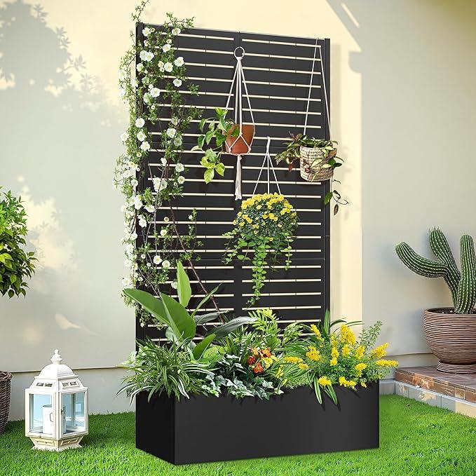 Trellis for Climbing Plants Outdoor，Mental Garden Bed with Drainage Holes Outdoor Privacy Screen Design Tall planters for herb Flower Vegetables 73