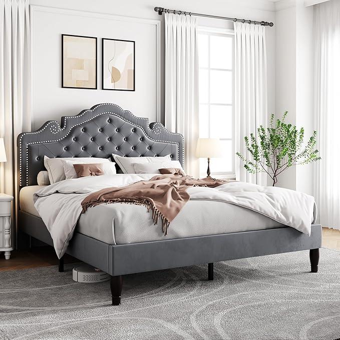 Allewie Queen Size Bed Frame with Adjustable Velvet Tiara Headboard, Upholstered Diamond Button Tufted Platform Bed, Wood Slats Support, No Box Spring Needed, Light Grey
