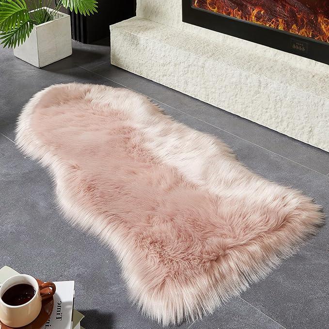 AMTOVO Faux Fur Rug, Pink Area Rug, Fluffy Sheepskin Rug, Fuzzy Ultra Soft 2 x 4 ft Shag Rugs for Bedroom Sofa Throw Cushion Room Decor, Sheepskin