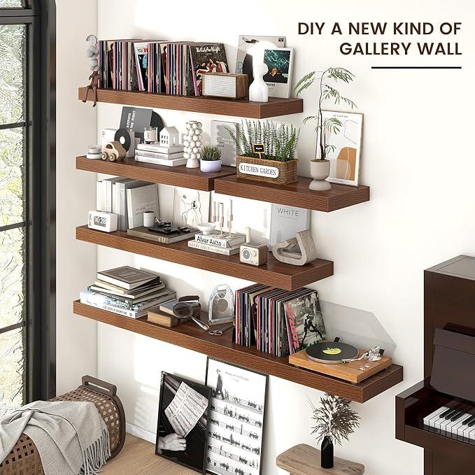 Floating Shelves - 2 Large Wall Mounted Shelves with Invisible Brackets, Long Walnut Wood Floating Wall Shelf for Living Room, Bedroom, Kitchen (36