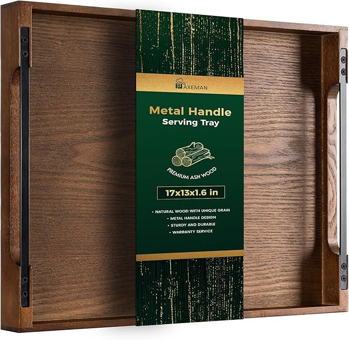 Axeman Wooden Serving Tray with Metal Handles|Ottoman Tray for Breakfast, Bed, Couch|17x13in Ash Wood Coffee Table Trays|Food Drinks Decorative Storage Boards for Ottoman Kitchen, Walnut