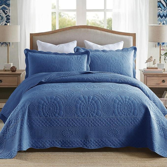 MarCielo 3-Piece 100% Cotton Oversized Bedspread Lightweight Quilt Coverlet Embroidery Farmhouse Bedding Set (Tf Midtone Blue, Oversized Queen (100