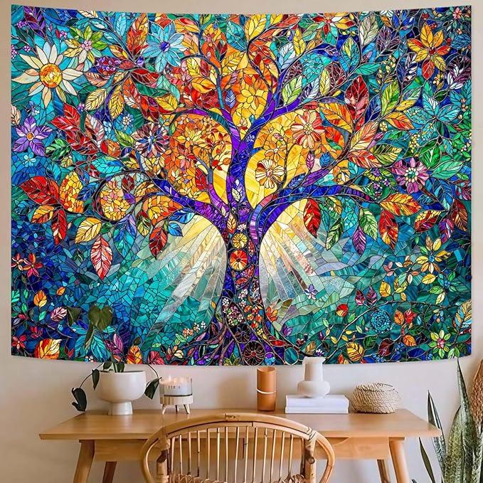 Lunerfex Tree of Life Tapestry Stained Glass Tapestry Wall Decor Tapestries for Bedroom Art Tapestries Wall Hanging for Bedroom Living Room Glass-Tree-02 60
