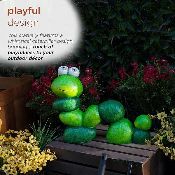 Alpine Corporation YEN608SLR Caterpillar Statue with Light Up Eyes, Solar Powered LED Caterpillar Garden Statue, 16