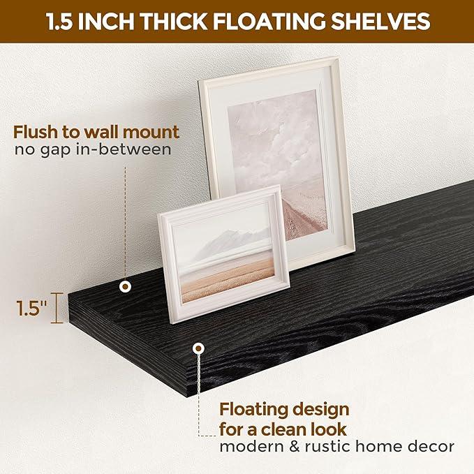 48 Inch Floating Shelves Black, Rustic Wood Floating Shelf Wall Mounted, 9 Inch Deep Floating Shelf for Kitchen, Bedroom, 48 x 9 Wall Shelves for Home Storage, Set of 1