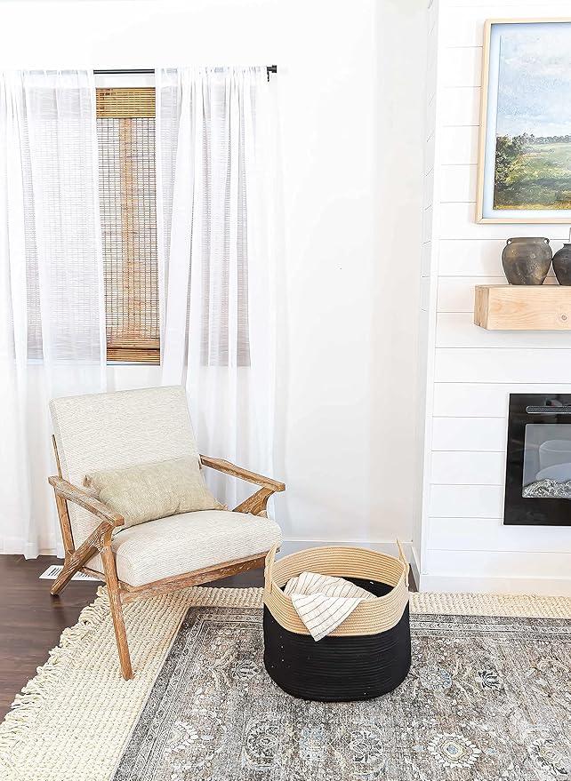 OrganiHaus Woven Laundry Basket, Large Cotton Rope Blanket Holder with Handles, Soft & Sturdy Nursery Hamper, Decorative Toy Bin for Living Room Organization 20x13 inches - Black/Honey
