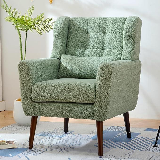 Accent Chair Set of 2, Upholstered Armchair with Pillow, Teddy Single Sofa Chair with Lounge Seat and Wood Legs for Living Room Small Spaces