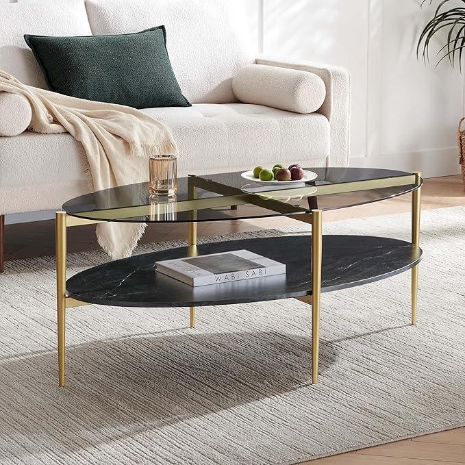 Oval Glass Coffee Table, Mid-Century Modern Design, L43 x W22 x H17 inch, Surfboard Shaped Grey Glass Top and Black Marble Finish Wood Shelf, Tapered Legs with Gold Finish Frame