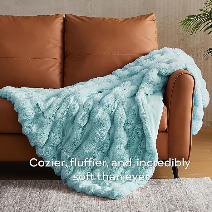 JELLYMONI Faux Fur Throw Blanket, Blue Cozy Plush Bubble Bed Blanket, Thick and Warm, Twin (60
