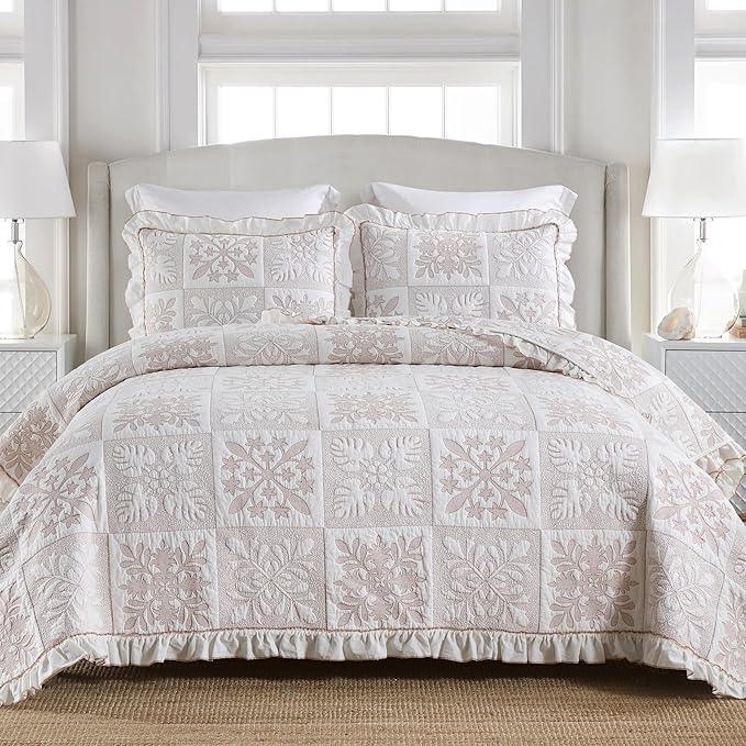 MarCielo 3-Piece 100% Cotton Bedspread Lightweight Quilt Coverlet Embroidery Farmhouse Bedding Set (TJ Colorful,Queen (98
