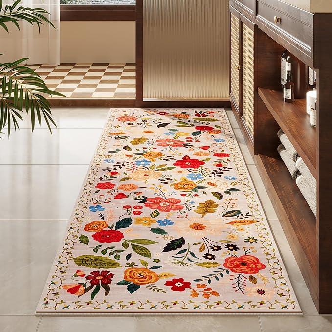 Runners for Hallways Kitchen Runner Rug Non Slip 2'x 10' Long Washable Rugs with Rubber Backing Soft Floral Carpet Runner for Hallways, Kitchen, Laundry, Bedroom, Bathroom(Beige)