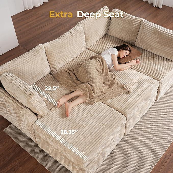 HOOOWOOO Modular Sectional Sofa,6 Pieces Sectional Couches for Living Room,131X66 L Shaped Cloud Couch with Ottoman Chaise Set(Beige Velvet Corduroy)