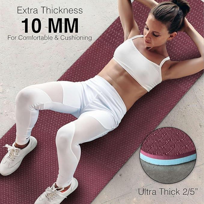 Extra Thick Exercise Yoga Mat with Strap - 2/5 Inch (10MM), Non-Slip Workout Mat for Yoga, Pilates, and Floor Exercises