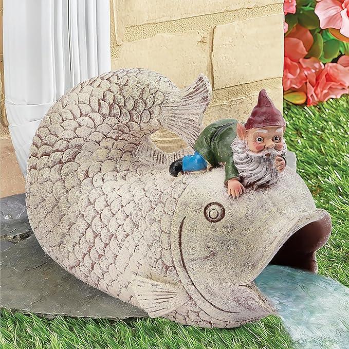 Gnome Fish Sculpture, Garden Animal Statue & Outdoor Decor, Eco-Friendly Resin Gutter Diverter Rain, Decorative Gutter Extension Downspout, Splash Block, Perfect for 3