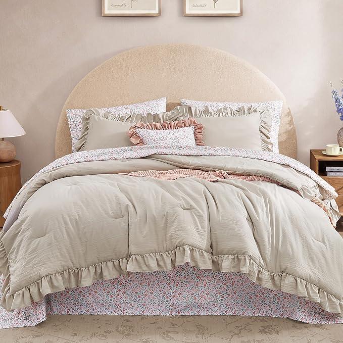 King Comforter Set - 7 Pieces Ruffle Beige Bedding Sets, Shabby Chic Farmhouse Bed in a Bag King with Ruffle Comforter, Floral Sheets, Pillowcases & Shams
