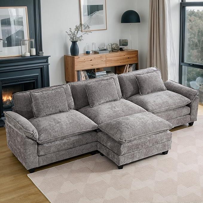 URRED Modular Sectional Sofa Comfy Cloud Couch, Modern Chenille Sofa Sleeper Deep Seat Couches with Ottoman/Pillows for Living Room (Gray, 117''- L Shape)