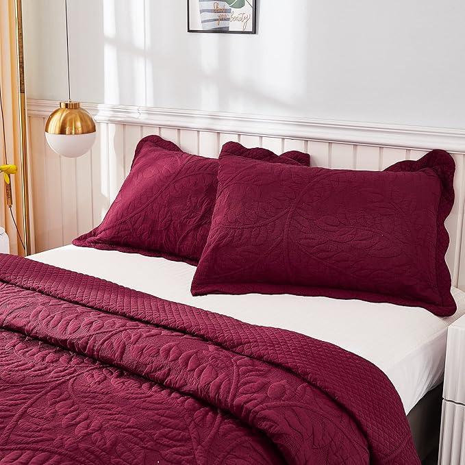 MarCielo 3-Piece 100% Cotton Oversized Bedspread Lightweight Quilt Coverlet Embroidery Farmhouse Bedding Set T0 (Wine Burgundy, Oversized King (118