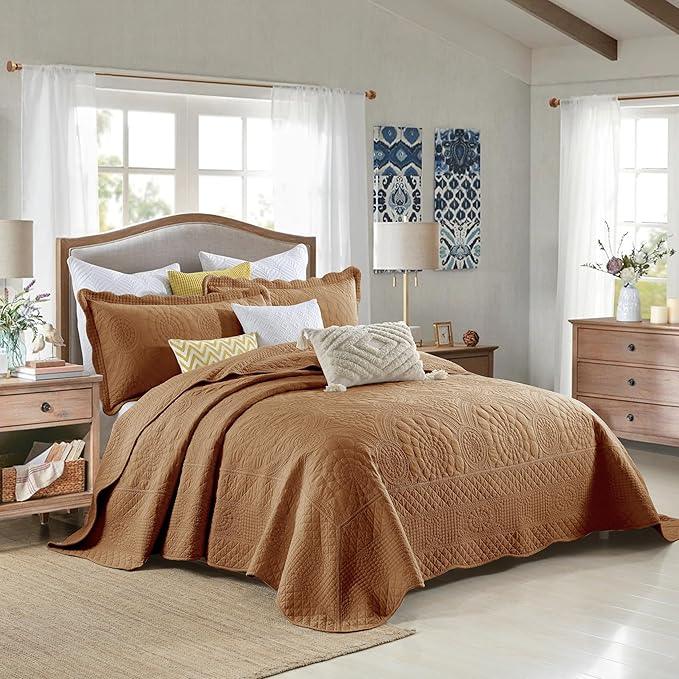 MarCielo 3-Piece 100% Cotton Oversized Bedspread Lightweight Quilt Coverlet Embroidery Farmhouse Bedding Set (Tf Dusty Orange, Oversized Queen (100
