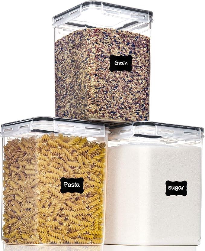 Large Food Storage Containers with Lids Airtight 5.2L /176Oz, for Flour, Sugar, Baking Supply, 3PCS BPA Free Plastic Canisters for Kitchen Pantry Organization