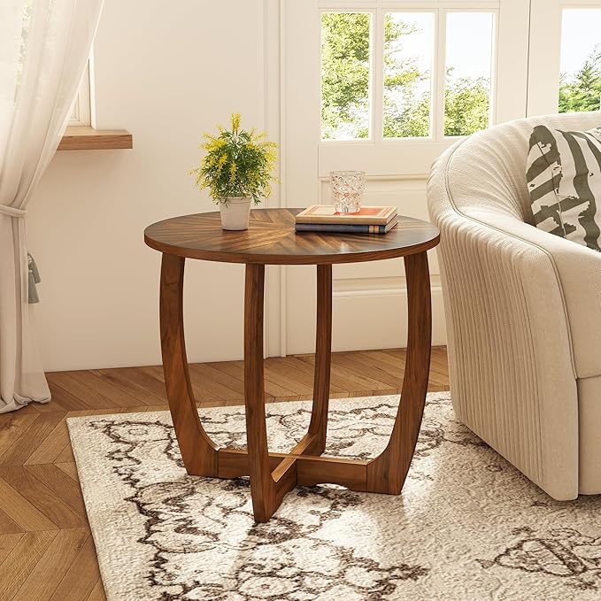 PADMA HOUSE Round Wood End Table with Curved Legs, Drum Circle Side Table with Snowflake Tabletop, Rounded Wooden Sofa Side Table, Brown Walnut Wood Tabletop & Legs 23.6