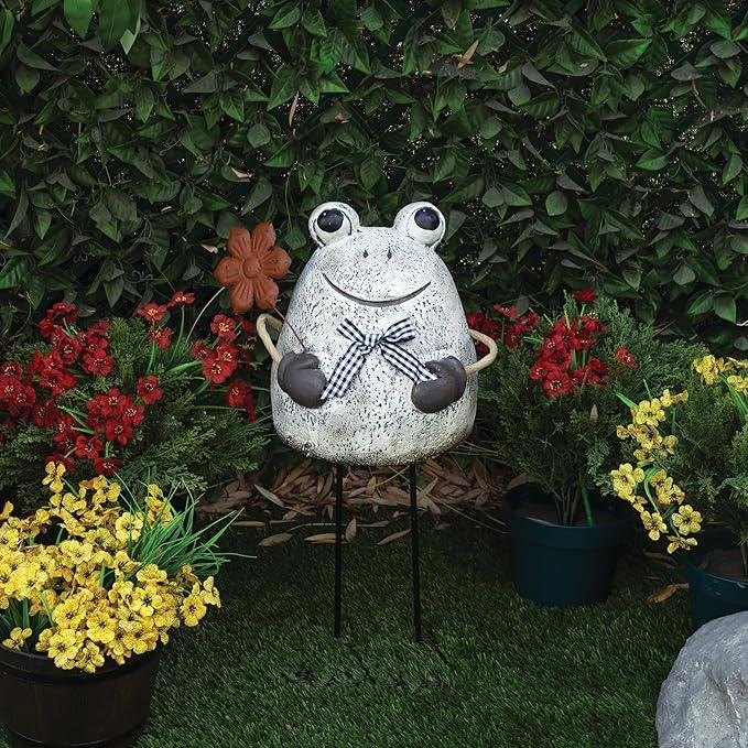 Alpine Corporation MCC860 Indoor/Outdoor Frog with Flower Garden Statue, Stone Finish Frog Statue for Yard, 24