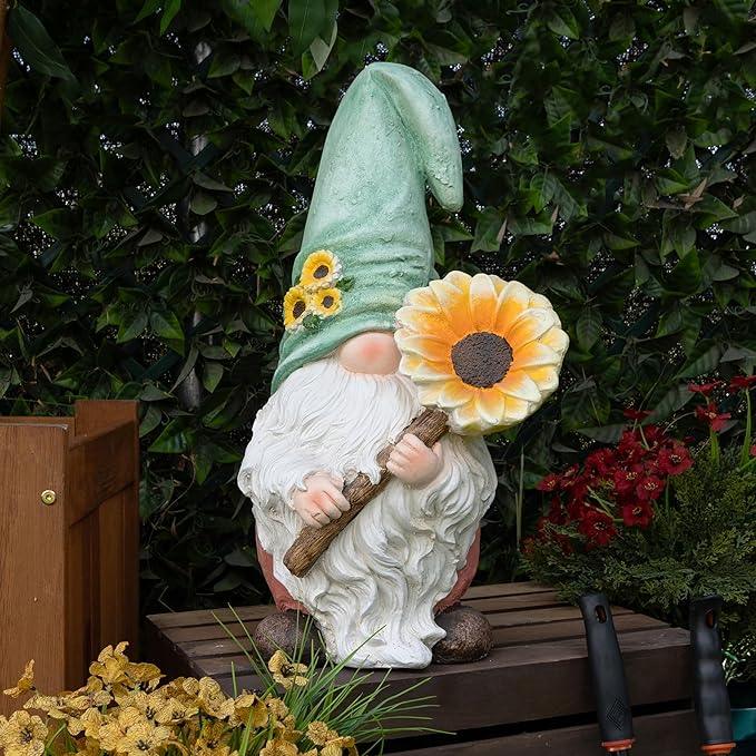 Alpine Corporation MCC842 Indoor/Outdoor Gnome Holding Sunflower Garden Statue, Charming Gnome Statue w/Hat, 21