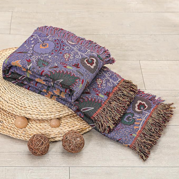 Boho Fall Throw Blanket for Bed Purple Flowers，100% Ultra Cotton Soft Breathable Bed Throw Floral Printed Farmhouse Decor Rustic Bed Throws for Couch Sofa Quilt 90