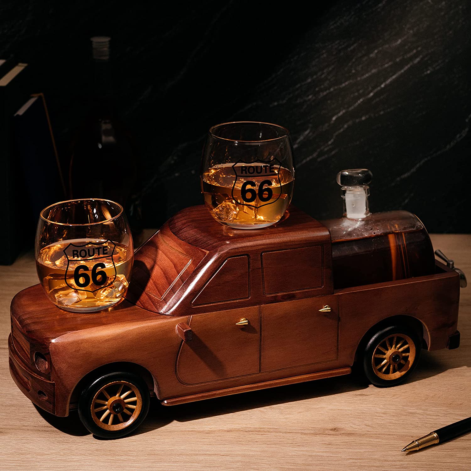 Pickup Truck Wine & Whiskey Decanter -500 ml & Two 12 Oz Route 66 Glasses The Wine Savant - Alaska Gifts, Dad Driver Trucker Gifts, Truck, Truck Decor, Gifts for Car Enthusiasts