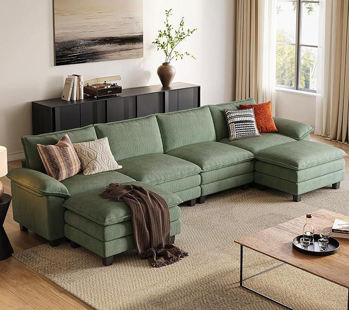 LINSY HOME Modular Sectional Sofa - 157'' Oversized Corduroy Cloud Couch U Shaped Couch with Movable Ottoman Soft Modern Comfy Sofa for Living Room Apartment Office, Green