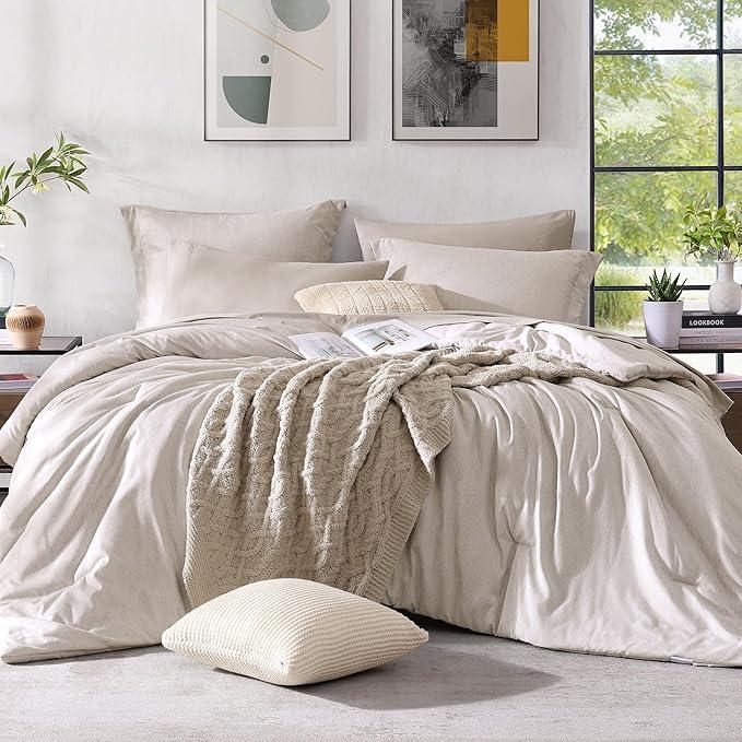 Monbix Queen Comforter Set - 7 Pieces Cationic Dyeing Oatmeal Beige Bed in a Bag Queen Bedding Sets with Comforter, Sheets, Pillowcases & Shams, Reversible Bedding Comforters Sets