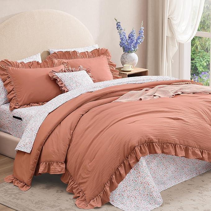 Full Comforter Set - 7 Pieces Ruffle Autumn Leaf Bedding Sets, Shabby Chic Farmhouse Bed in a Bag Full with Ruffle Comforter, Floral Sheets, Pillowcases & Shams